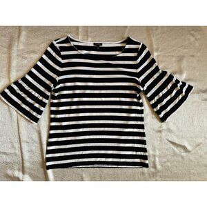 Talbots Black White Striped Woman’s Shirt Top Sz Small 3/4 Ruffle Sleeves Blouse